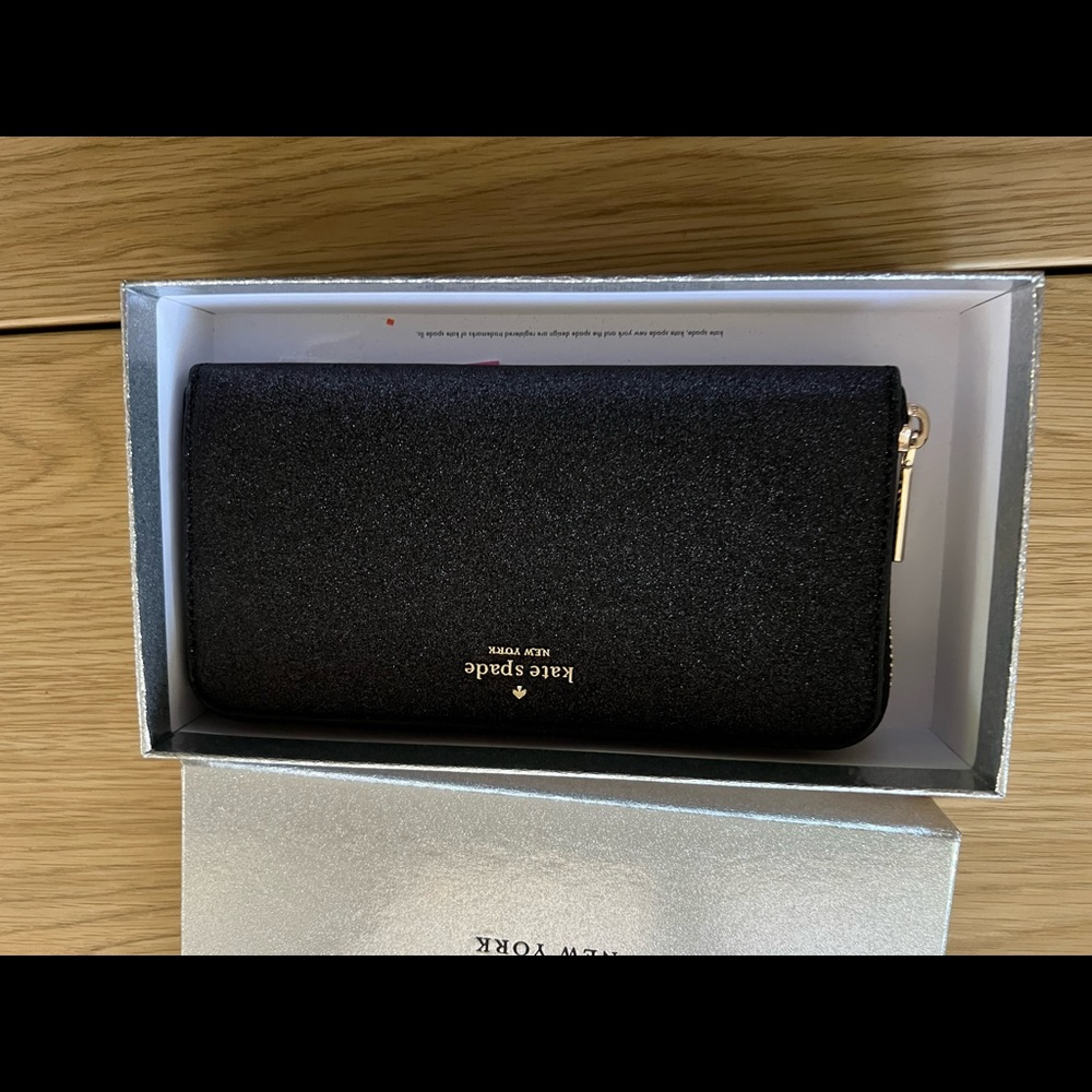 NWT zippered Kate Spade Wallet - black with silver sparkles